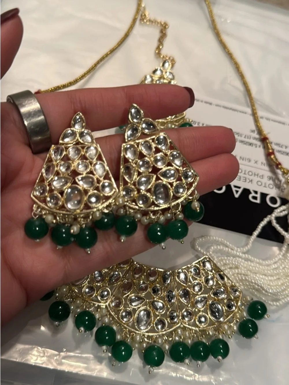 Gold-Tone Kundan Necklace Set with Green Beads - Women Jewelry